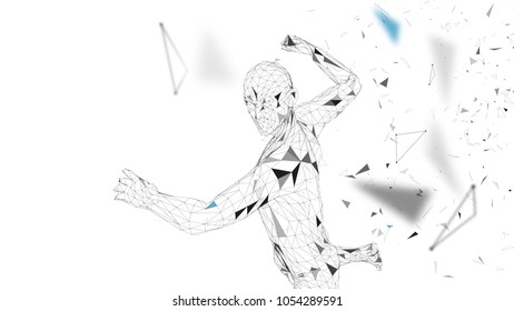 Conceptual abstract man is doing powerful punch. Connected lines, dots, triangles, particles. Artificial intelligence concept. High technology vector, digital background. 3D render vector illustration