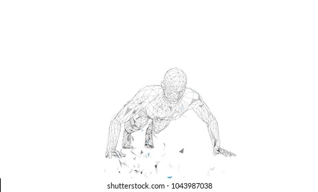 Conceptual abstract man doing push ups in gym. Connected lines, dots, triangles, particles. Sport concept. High technology vector, digital background. 3D render vector illustration