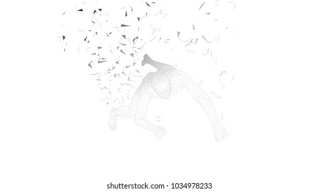 Conceptual abstract man falling down. Connected lines, dots, triangles. Artificial intelligence, digital sport concept. High technology vector digital background. 3D render vector illustration