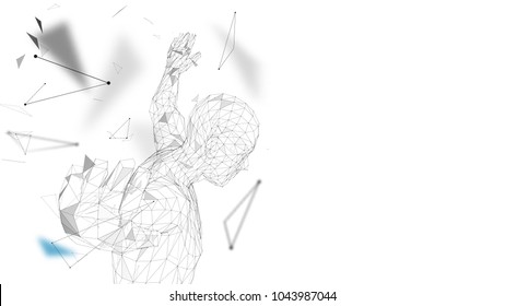 Conceptual abstract man getting ready to jump. Connected lines, dots, triangles, particles. Artificial intelligence concept. High technology vector, digital background. 3D render vector illustration.