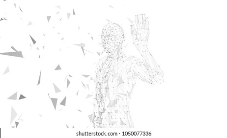 Conceptual abstract man with hand pointing up. Connected lines, dots, triangles, particles. Artificial intelligence concept. High technology vector digital background. 3D render vector illustration