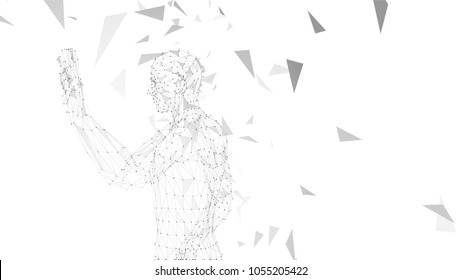 Conceptual abstract man with hand pointing up. Connected lines, dots, triangles, particles. Artificial intelligence concept. High technology vector digital background. 3D render vector illustration