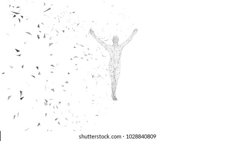 Conceptual abstract man with hands pointing up. Connected lines, dots, triangles, particles on white background. Artificial intelligence concept. High technology vector digital background.