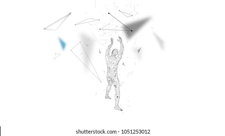 Conceptual abstract man with hands up. Connected lines, dots, triangles, particles. Artificial intelligence concept. High technology vector, digital background. 3D render vector illustration.