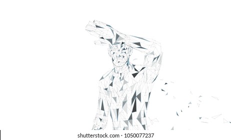 Conceptual abstract man hiding his face with hand. Connected lines, dots, triangles, particles. Cyber security concept. High technology vector digital background. 3D render vector illustration