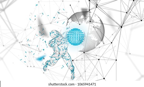 Conceptual abstract man holds a world globe. Connected lines, dots, triangles, particles. Artificial intelligence concept. High technology vector, digital background. 3D render vector illustration.