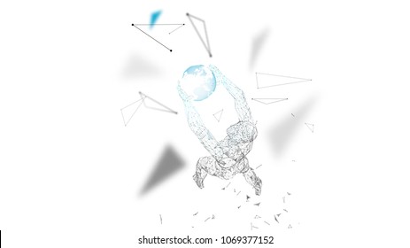 Conceptual abstract man holds a world globe. Connected lines, dots, triangles, particles. Artificial intelligence concept. High technology vector, digital background. 3D render vector illustration.