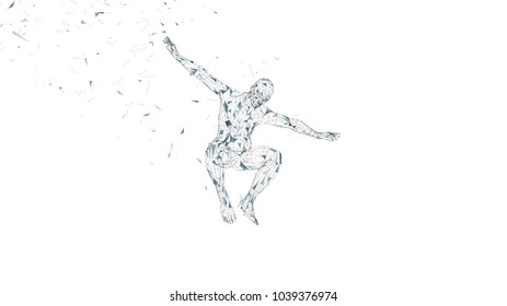 Conceptual abstract man in a jump. Connected lines, dots, triangles, particles isolated on white. Artificial intelligence concept. High technology vector, digital background. 3D render vector