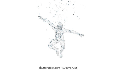 Conceptual abstract man in a jump. Connected lines, dots, triangles, particles isolated on white. Artificial intelligence concept. High technology vector, digital background. 3D render vector