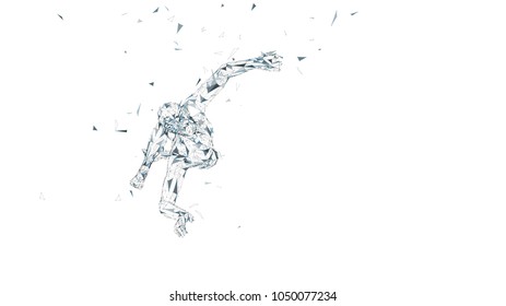 Conceptual abstract man in a jump. Connected lines, dots, triangles, particles. Artificial intelligence concept. High technology vector, digital background. 3D render vector illustration
