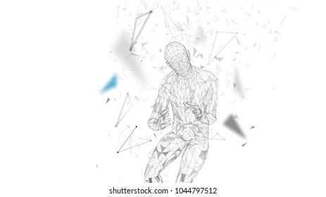 Conceptual abstract man with protective gesture. Connected lines, dots, triangles, particles. Cloud computing security concept. High technology vector, digital background. 3D render vector.