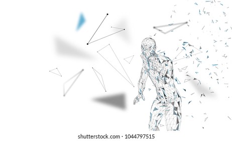 Conceptual abstract man shouting to someone. Connected lines, dots, triangles, particles on white background. Artificial intelligence concept. High technology vector, digital background. 3D render