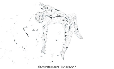 Conceptual abstract man is soaring in air. Connected lines, dots, triangles, particles isolated on white. Artificial intelligence concept. High technology vector, digital background. 3D render vector