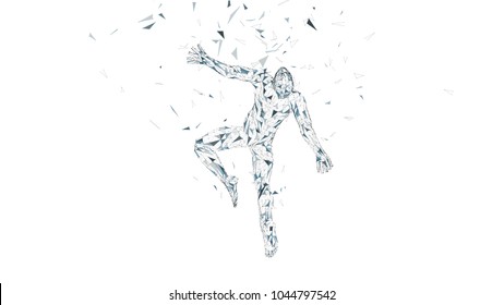 Conceptual abstract man is soaring in air. Connected lines, dots, triangles, particles isolated on white. Artificial intelligence concept. High technology vector, digital background. 3D render vector