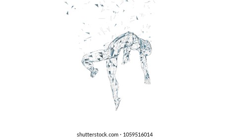 Conceptual abstract man is soaring in air. Connected lines, dots, triangles, particles isolated on white. Artificial intelligence concept. High technology vector, digital background. 3D render vector