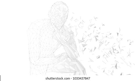 Conceptual abstract man thinking. Connected lines, dots, triangles, particles on white background. Artificial intelligence concept. High technology vector digital background