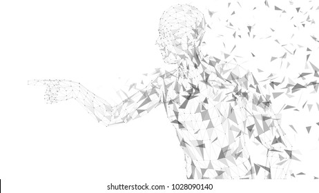 Conceptual abstract man touching or pointing to something. Connected lines, dots, triangles, particles on white background. Artificial intelligence concept. High technology vector digital background