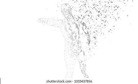 Conceptual abstract man touching or pointing to something. Connected lines, dots, triangles, particles on white background. Artificial intelligence concept. High technology vector digital background