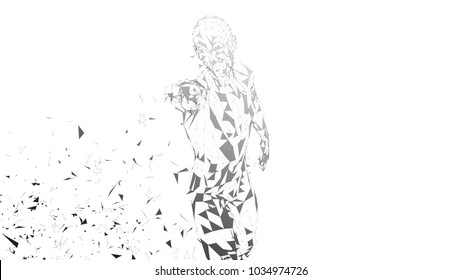 Conceptual abstract man touching or pointing to something. Connected lines, dots, triangles. Artificial intelligence concept. High technology vector digital background. 3D render vector illustration