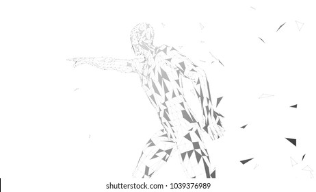 Conceptual abstract man touching or pointing to something. Connected lines, dots, triangles. Artificial intelligence concept. High technology vector digital background. 3D render vector illustration