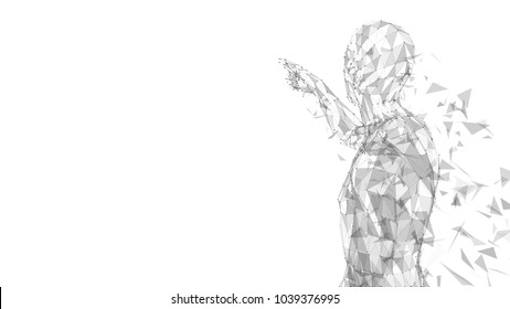 Conceptual abstract man touching or pointing to something. Connected lines, dots, triangles. Artificial intelligence concept. High technology vector digital background. 3D render vector illustration