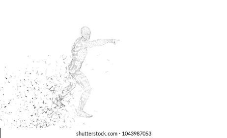 Conceptual abstract man touching or pointing to something. Connected lines, dots, triangles. Artificial intelligence concept. High technology vector digital background. 3D render vector illustration