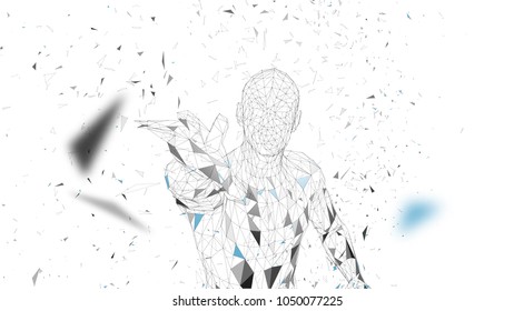 Conceptual abstract man touching or pointing to something. Connected lines, dots, triangles, particles. Artificial intelligence concept. High technology vector, digital background. 3D render vector