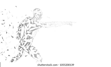 Conceptual abstract man touching or pointing to something. Connected lines, dots, triangles. Artificial intelligence concept. High technology vector digital background. 3D render vector illustration