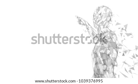 Conceptual abstract man touching or pointing to something. Connected lines, dots, triangles. Artificial intelligence concept. High technology vector digital background. 3D render vector illustration