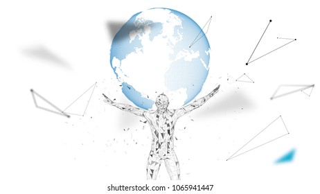 Conceptual abstract man with world globe. Connected lines, dots, triangles, particles. Artificial intelligence concept. High technology vector, digital background. 3D render vector illustration.