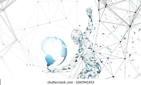 Conceptual abstract man with world globe. Connected lines, dots, triangles, particles. Artificial intelligence concept. High technology vector, digital background. 3D render vector illustration.