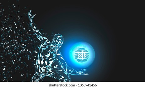 Conceptual abstract man with world globe. Connected lines, dots, triangles, particles. Artificial intelligence concept. High technology vector, digital background. 3D render vector illustration.