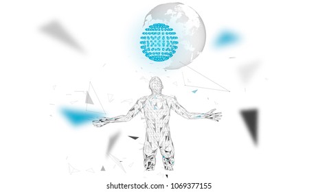 Conceptual abstract man with world globe. Connected lines, dots, triangles, particles. Artificial intelligence concept. High technology vector, digital background. 3D render vector illustration.