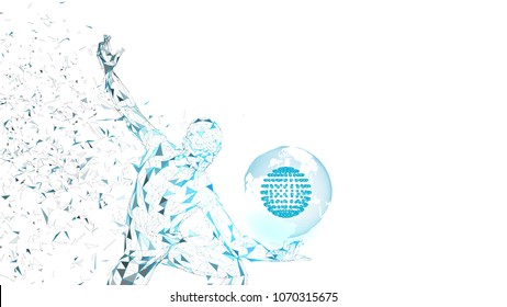 Conceptual abstract man with world globe. Connected lines, dots, triangles, particles. Artificial intelligence concept. High technology vector, digital background. 3D render vector illustration.