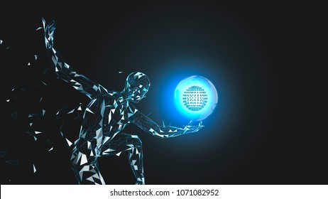 Conceptual abstract man with world globe. Connected lines, dots, triangles, particles. Artificial intelligence concept. High technology vector, digital background. 3D render vector illustration.