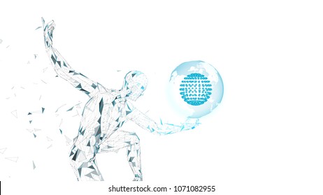 Un hombre abstracto conceptual con el mundo. Líneas conectadas, puntos, triángulos, partículas. Concepto de inteligencia artificial. Vector de alta tecnología, fondo digital. Ilustración vectorial 3D.