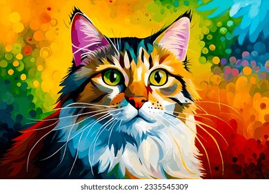 Conceptual abstract picture of the cat. colorful oil cat painting. Conceptual abstract closeup of an oil painting and palette knife on canvas