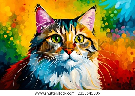 Conceptual abstract picture of the cat. colorful oil cat painting. Conceptual abstract closeup of an oil painting and palette knife on canvas