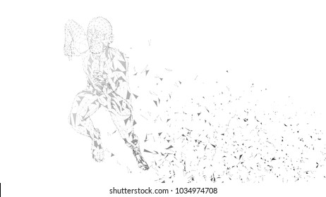 Conceptual abstract running man. Runner with connected lines, dots, triangles. Artificial intelligence, digital sport concept. High technology vector digital background. 3D render vector illustration