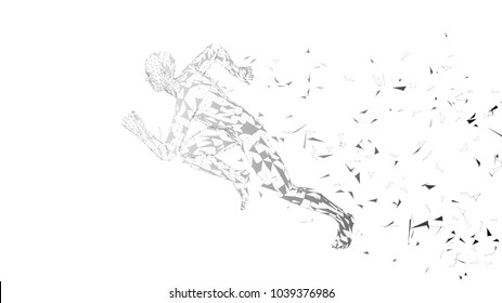 Conceptual Abstract Running Man. Runner With Connected Lines, Dots, Triangles. Artificial Intelligence, Digital Sport Concept. High Technology Vector Digital Background. 3D Render Vector Illustration