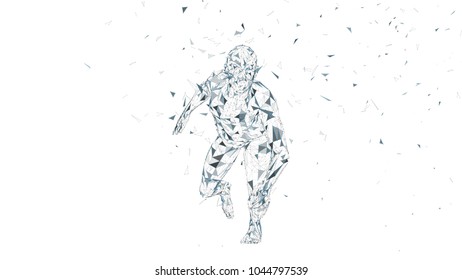 Conceptual abstract running man. Runner with connected lines, dots, triangles. Artificial intelligence, digital sport concept. High technology vector digital background. 3D render vector illustration