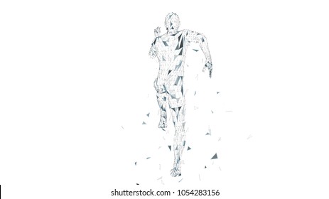 Conceptual abstract running man. Runner with connected lines, dots, triangles. Artificial intelligence, digital sport concept. High technology vector digital background. 3D render vector illustration