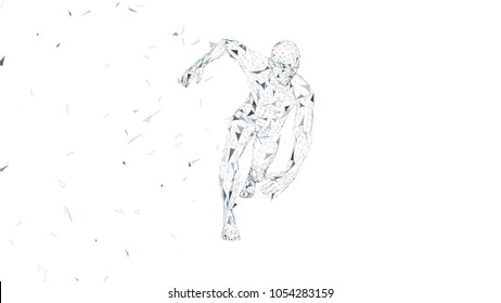 Conceptual abstract running man. Runner with connected lines, dots, triangles. Artificial intelligence, digital sport concept. High technology vector digital background. 3D render vector illustration