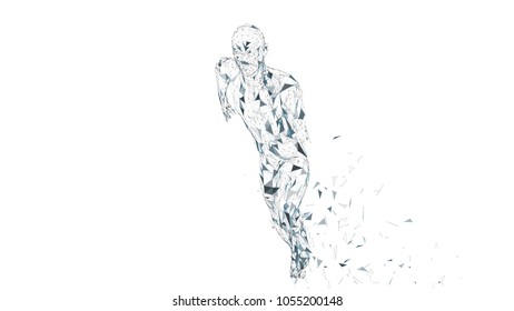 Conceptual abstract running man. Runner with connected lines, dots, triangles. Artificial intelligence, digital sport concept. High technology vector digital background. 3D render vector illustration