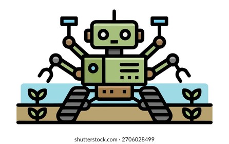 Conceptual agricultural robot utilizing advanced technology for efficient crop tending and future farming practices. Perfect for illustrating innovation in agriculture.
