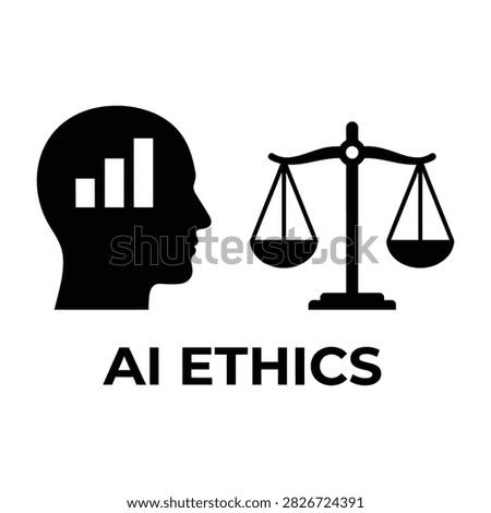 Conceptual AI ethics design featuring a human head silhouette with data bars and a justice scale. Represents moral machine learning, artificial intelligence regulation, and balanced tech.