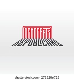 Diseño de tipografía de ambigrama conceptual que fusiona visualmente las palabras "demócratas" y "republicanos" en una sola composición simétrica. Esta obra tipográfica en blanco y negro representa la dualidad política, el contraste y la coexistencia dentro del sistema bipartidista de los Estados Unidos. Diseñado con un estilo minimalista y moderno, el ambigrama enfatiza el equilibrio visual, la ambigüedad y la interpretación. Adecuado para Uso editorial, comentario político, ilustración de medios, contenido educativo y Diseño gráfico conceptual.