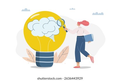 Conceptual analysis, Symbols of analysis and problem solving, Businesswoman examining new idea through magnifying glass and light bulb with brain,  Flat design vector illustration.
