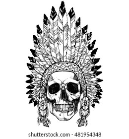 Conceptual anatomical realistic human skull in native american indian chief headdress. Vector illustration for your design or logo.