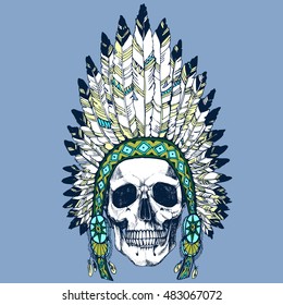Conceptual anatomical realistic human skull in native american indian chief headdress. Vector illustration for your design or logo.